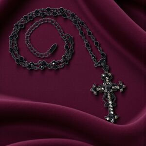 Vintage Y2K Gothic Black Cross Necklace Rhinestones Beaded Chain CLM Goth
